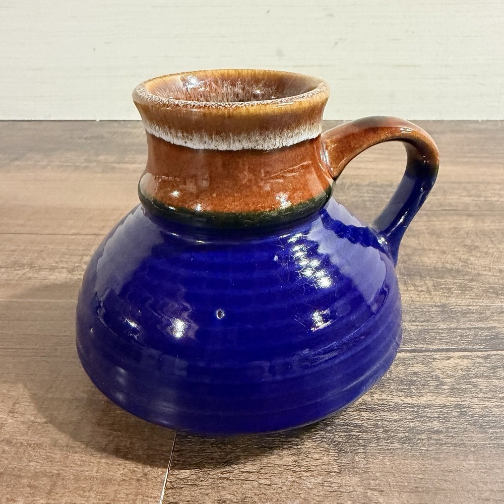 Enesco Mug Wide Bottom Blue Brown Glazed Pottery Travel NonSlip Coffee VTG 80s